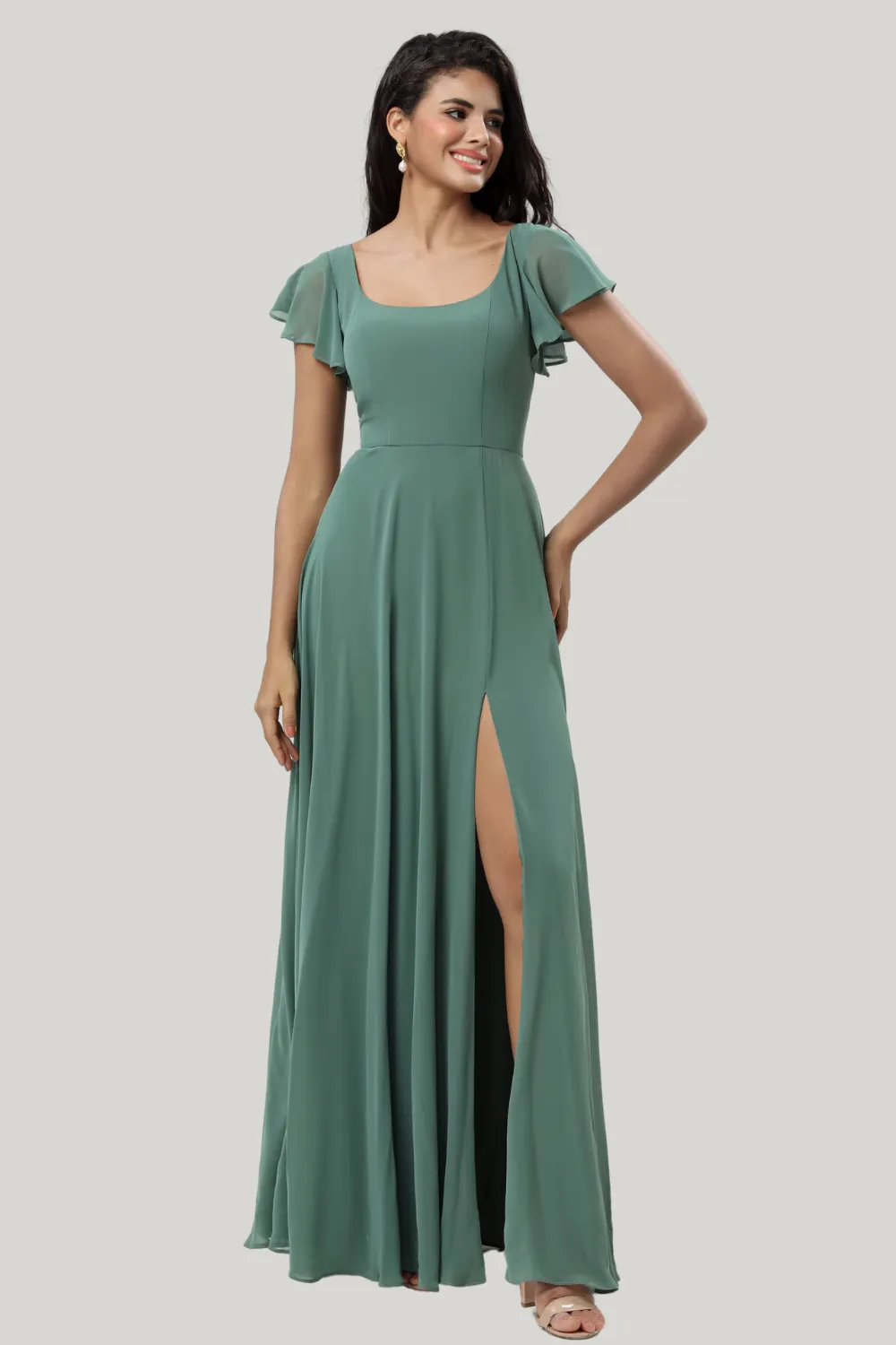 A-Line Eucalyptus Square Neck Ruffles Maxi Dress with Slit