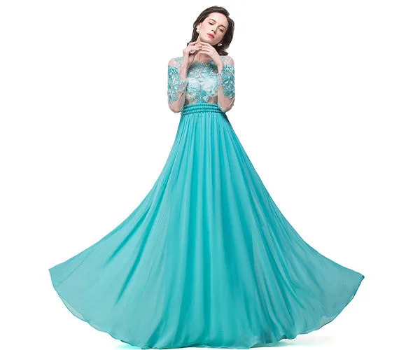 A-line Floor-length Long-Sleeve Crew Sash Formal Dresses