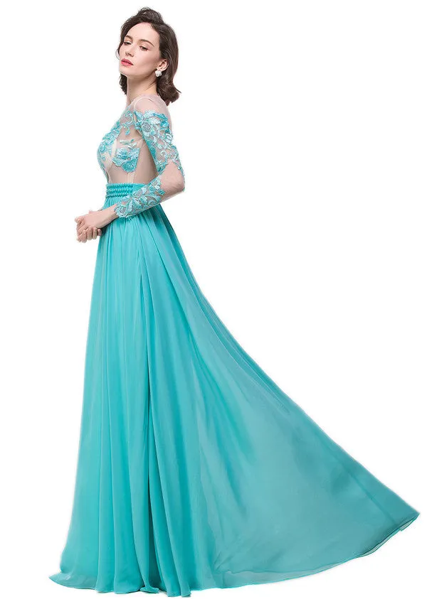 A-line Floor-length Long-Sleeve Crew Sash Formal Dresses