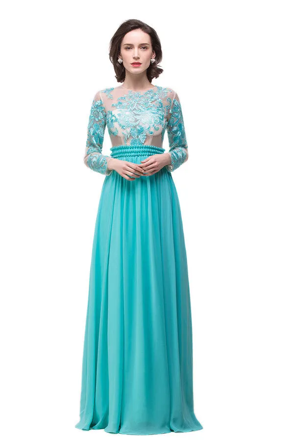 A-line Floor-length Long-Sleeve Crew Sash Formal Dresses