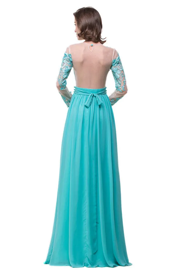 A-line Floor-length Long-Sleeve Crew Sash Formal Dresses