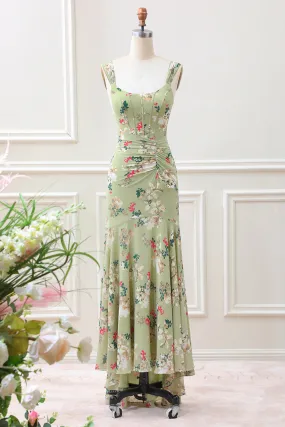 A Line Green Large Flower Mermaid Square Neck Corset Wedding Guest Dress