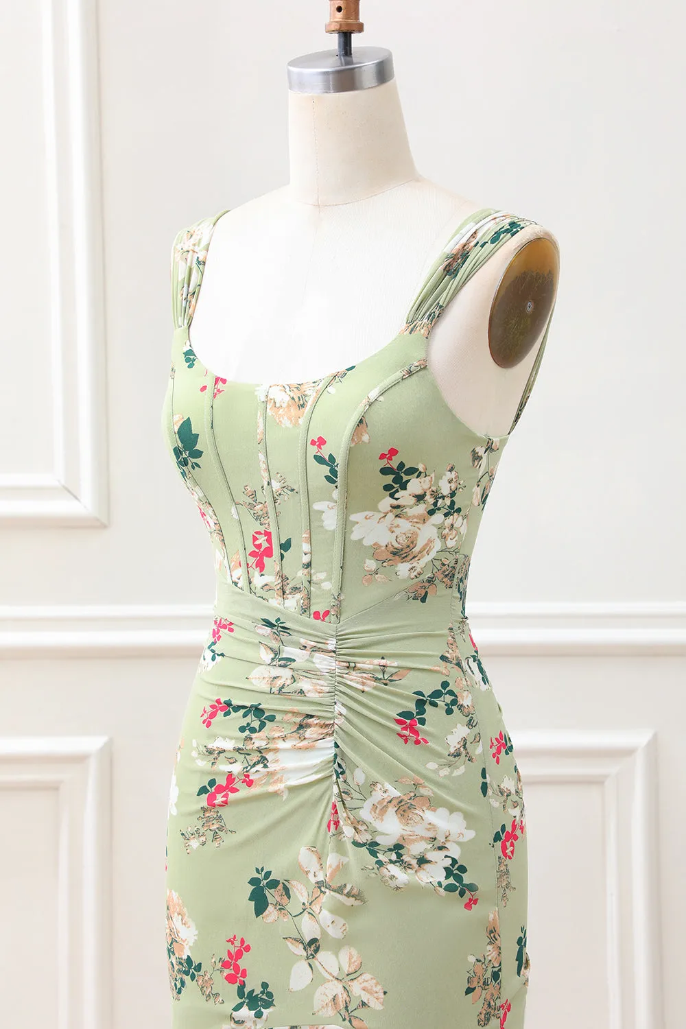 A Line Green Large Flower Mermaid Square Neck Corset Wedding Guest Dress