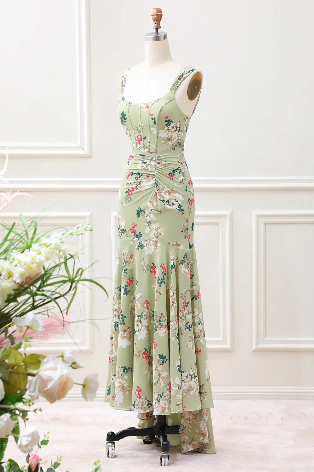 A Line Green Large Flower Mermaid Square Neck Corset Wedding Guest Dress