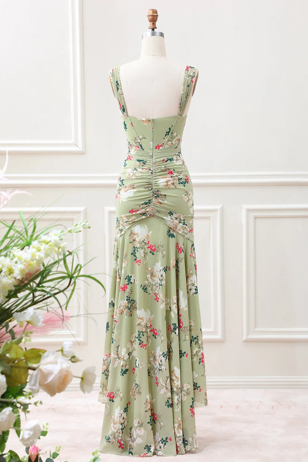 A Line Green Large Flower Mermaid Square Neck Corset Wedding Guest Dress