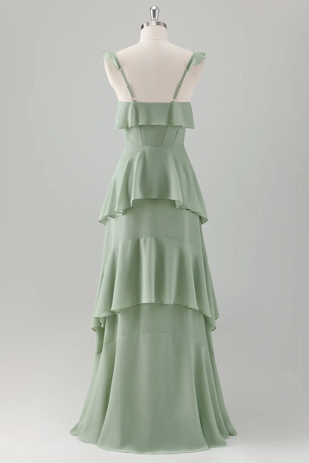 A Line Light Green Corset Tiered Ruffles Chiffon Maxi Dress