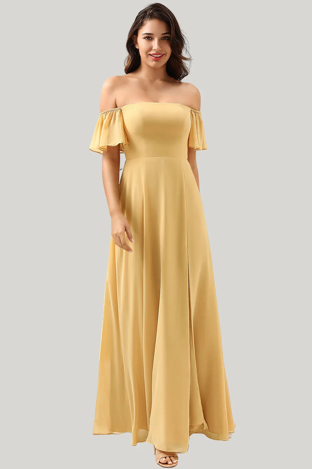 A Line Off the Shoulder Yellow Tea Length Dress with Slit