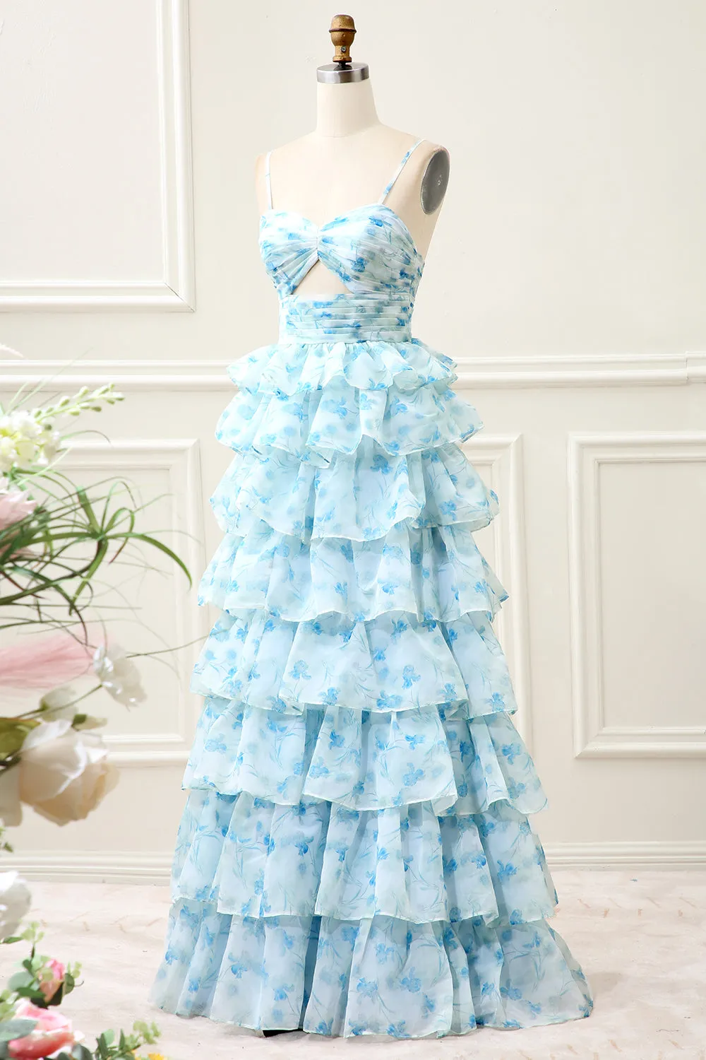 A Line Spaghetti Straps Cut Out Tiered Blue Tiered Maxi Dress