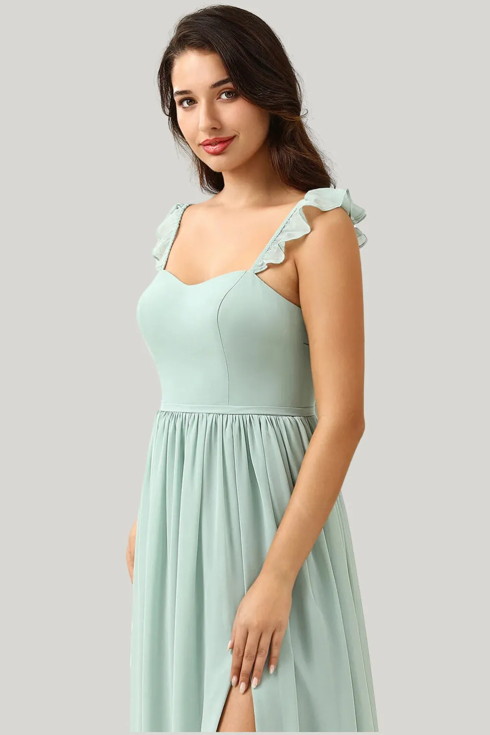 A Line Spaghetti Straps Dusty Sage Slit Maxi Dress with Ruffles