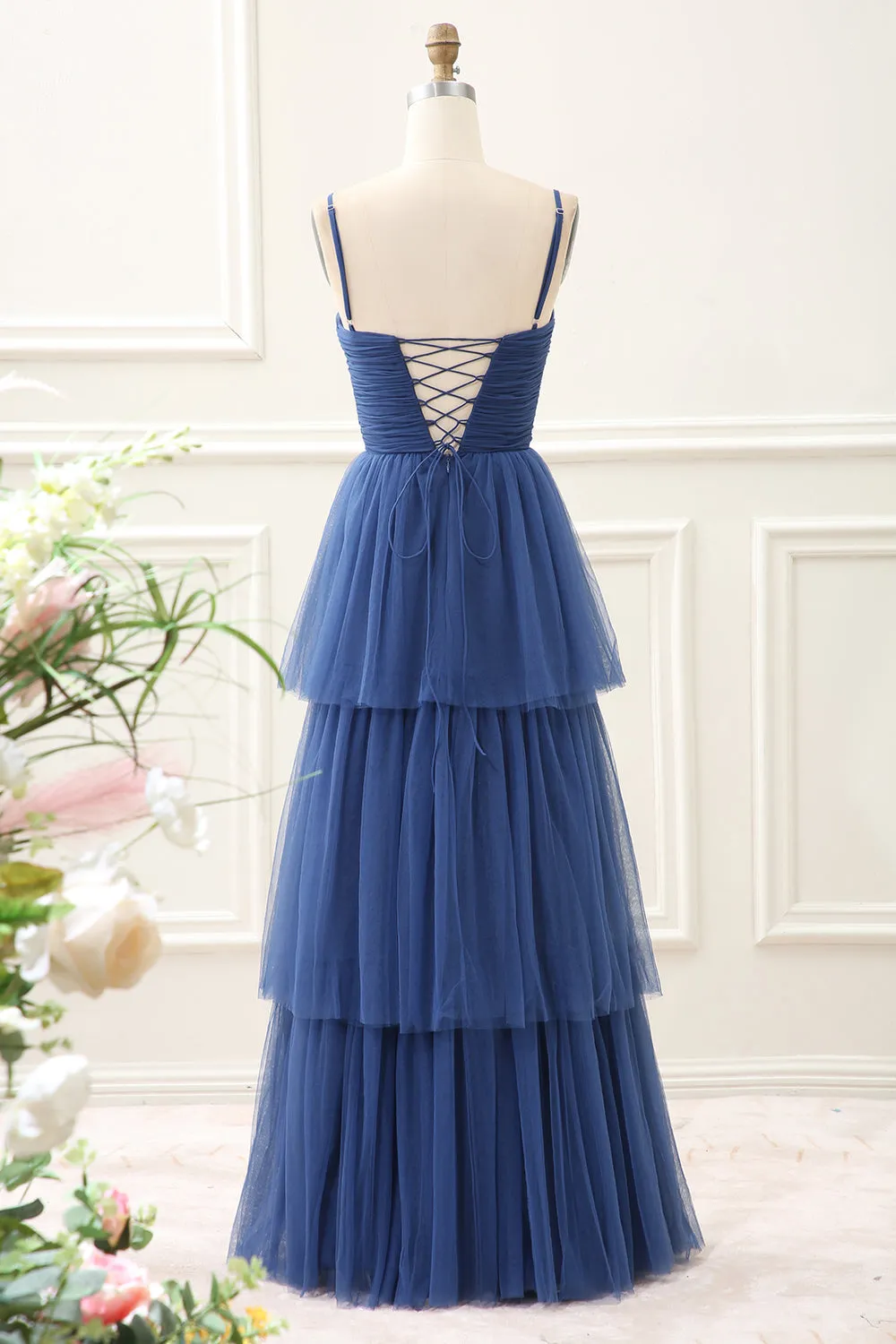 A Line Spaghetti Straps Navy Tiered Tulle Pleated Maxi Dress with Slit