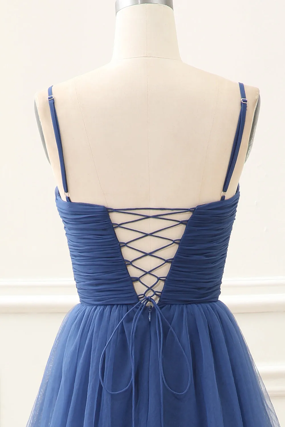 A Line Spaghetti Straps Navy Tiered Tulle Pleated Maxi Dress with Slit