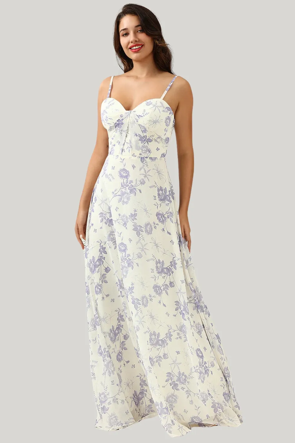 A Line Spaghetti Straps Purple Flower Printed Maxi Dress