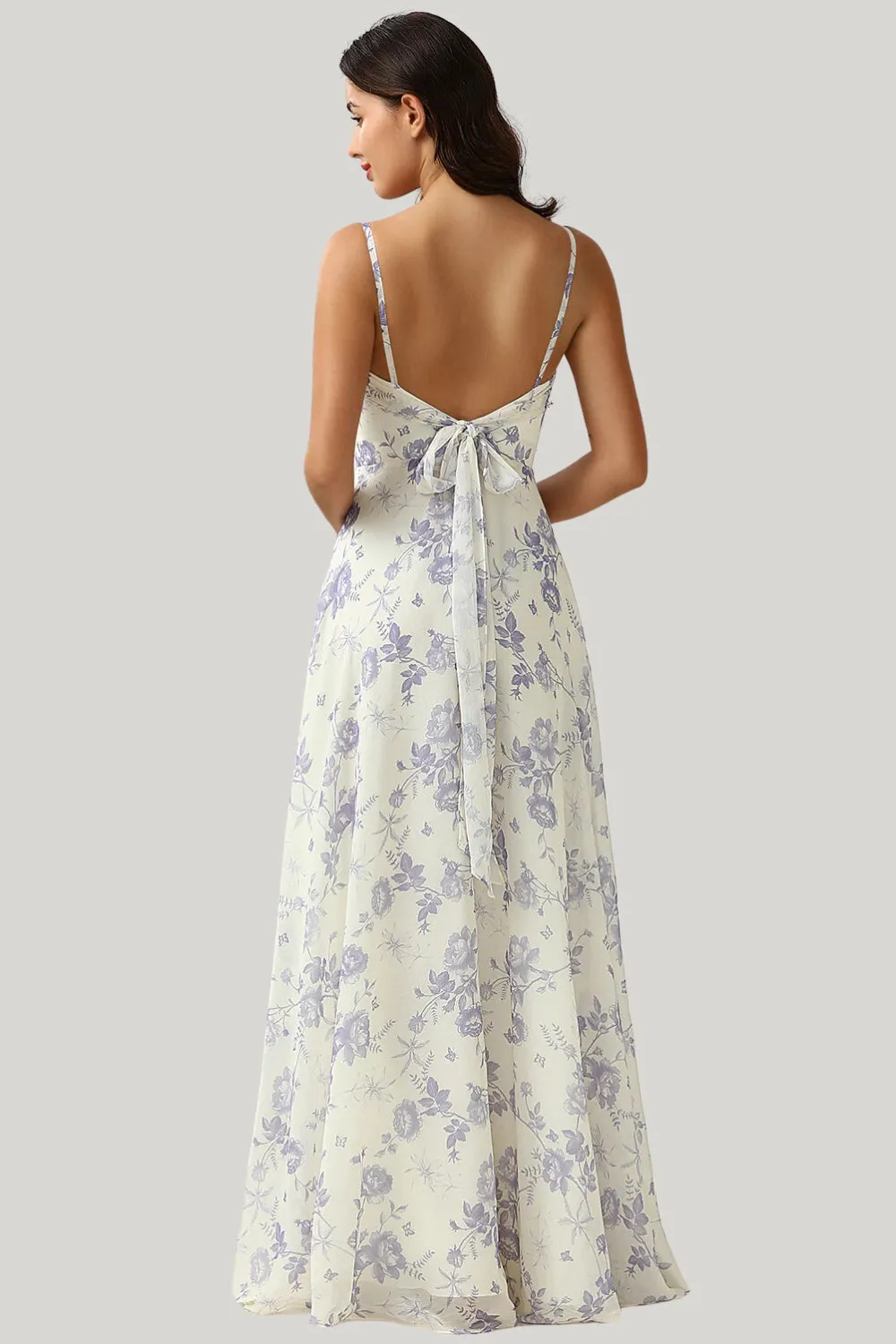 A Line Spaghetti Straps Purple Flower Printed Maxi Dress