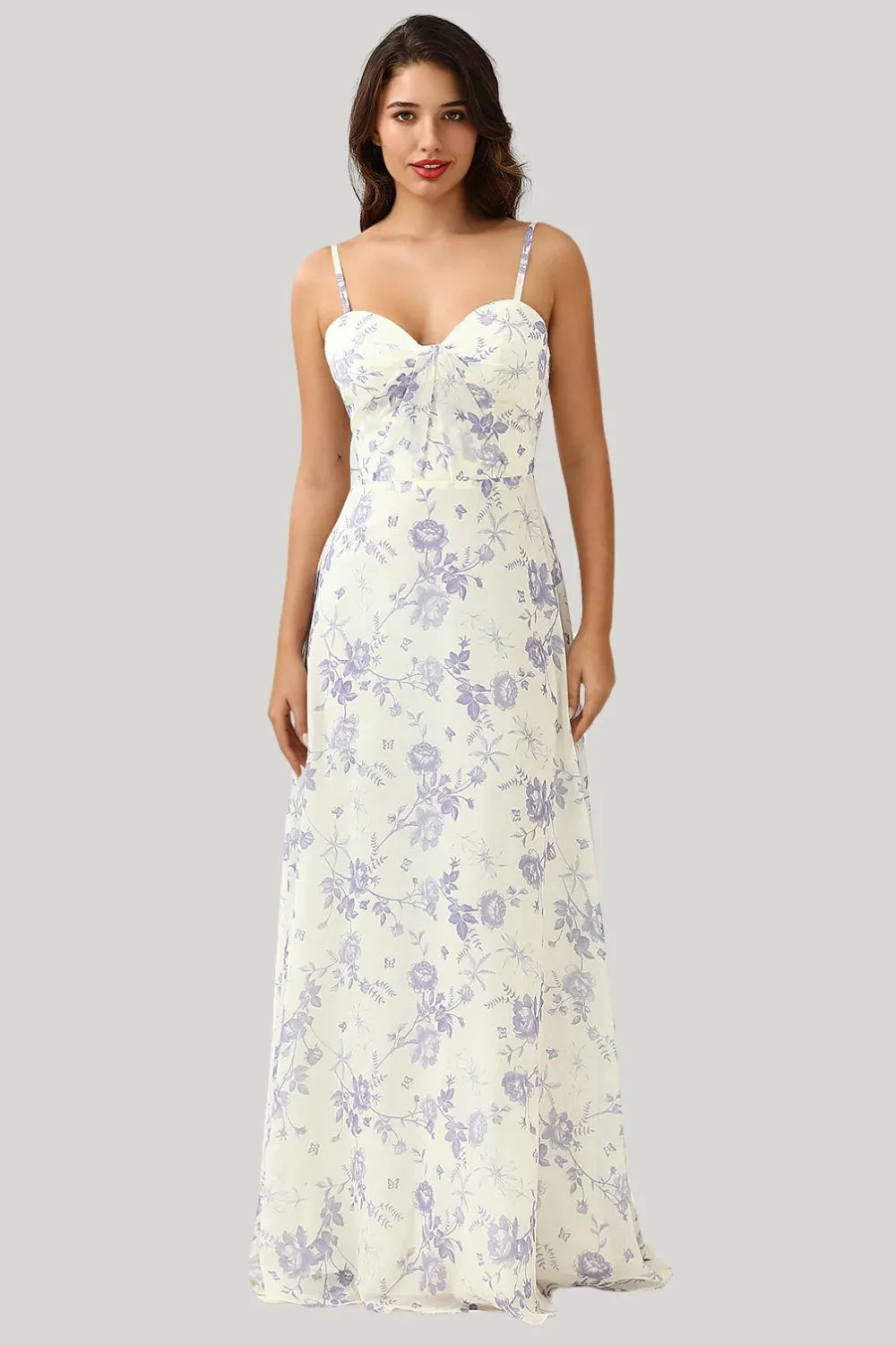 A Line Spaghetti Straps Purple Flower Printed Maxi Dress