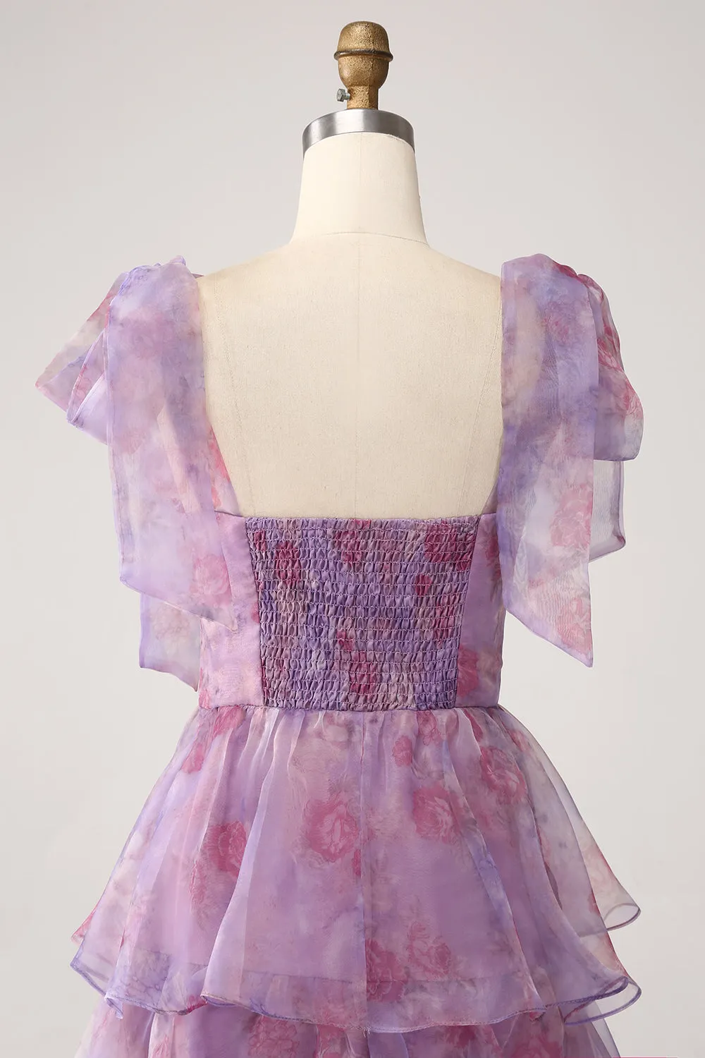 A Line Tiered Purple Printed Tea-Length Dress