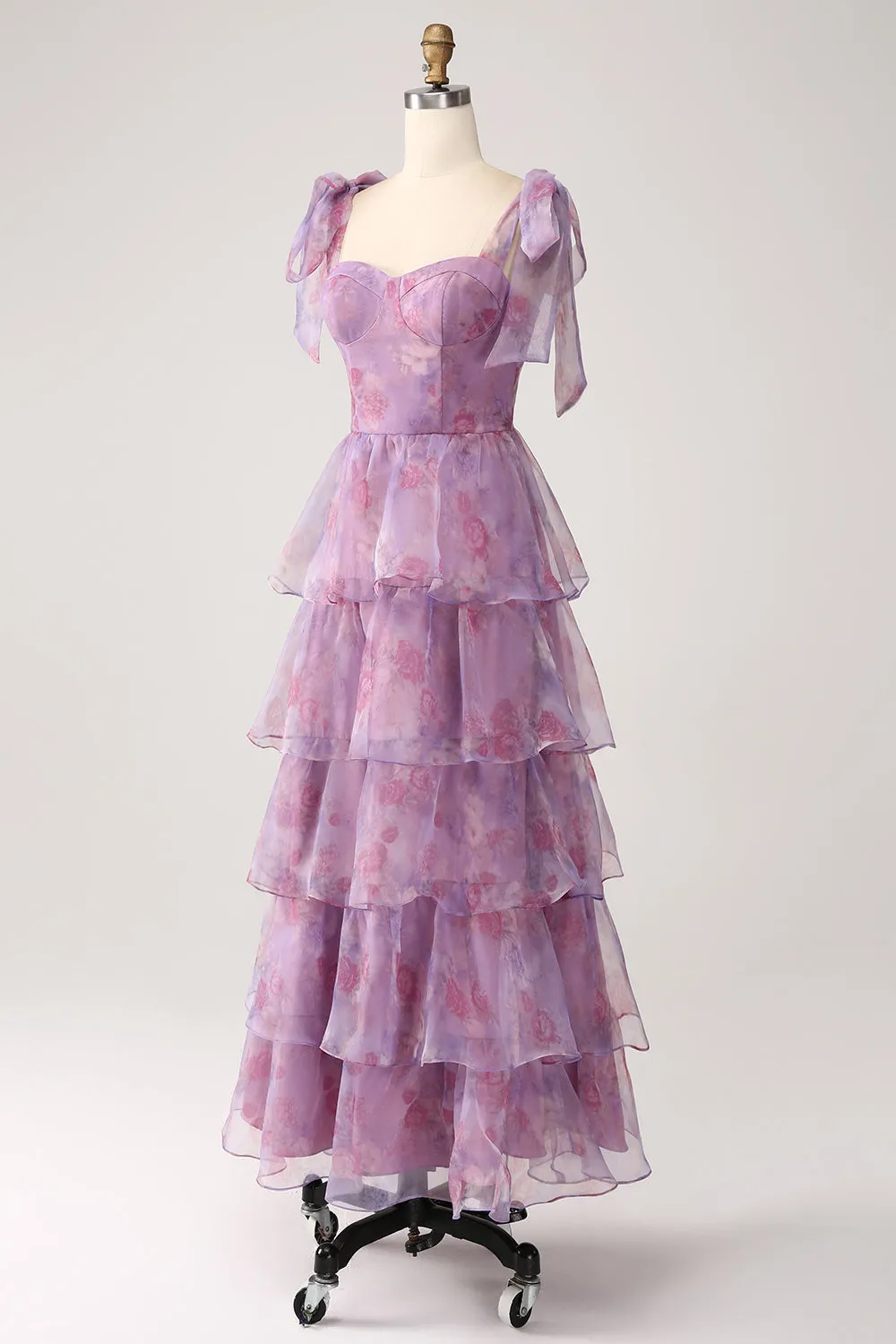 A Line Tiered Purple Printed Tea-Length Dress