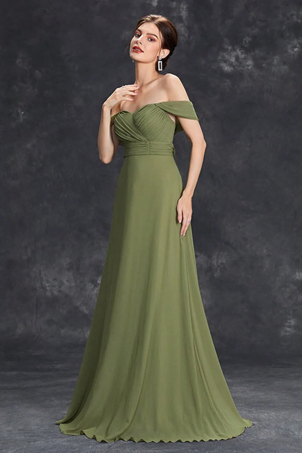 Army Green Chiffon A Line Off the Shoulder Maxi Dress