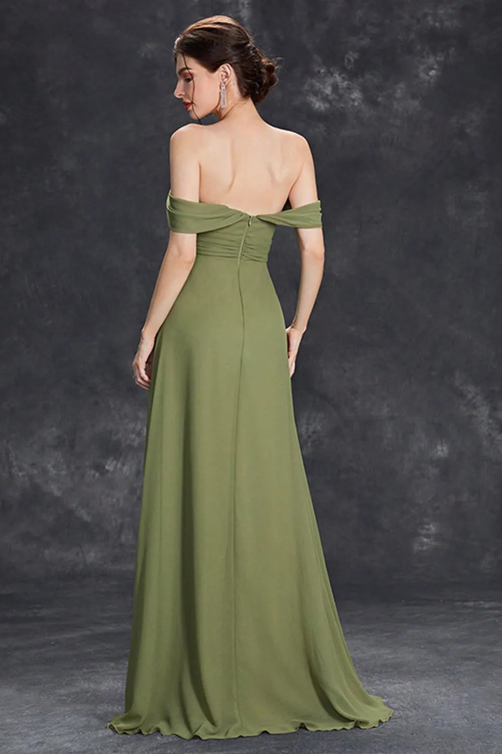 Army Green Chiffon A Line Off the Shoulder Maxi Dress