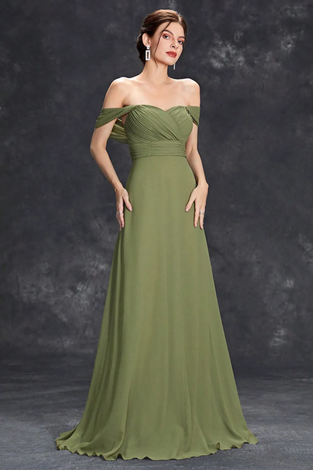 Army Green Chiffon A Line Off the Shoulder Maxi Dress