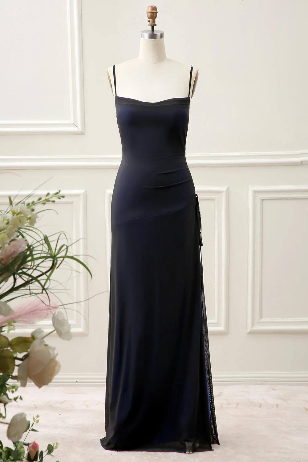 Back Blue Mermaid Spaghetti Straps Long Bridesmaid Dress with Slit