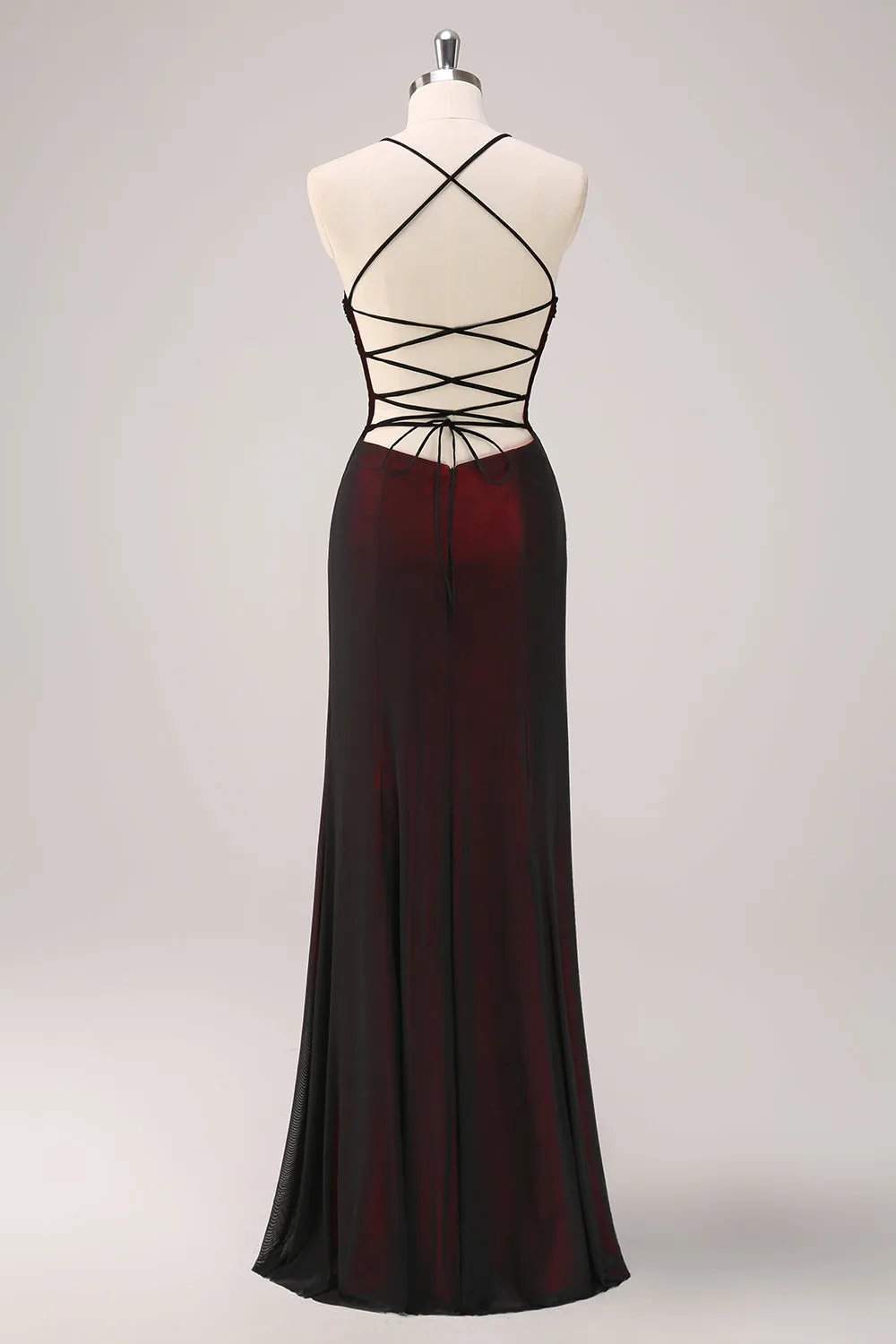 Black Red Beaded Mermaid Maxi Dress with Lace-up Back