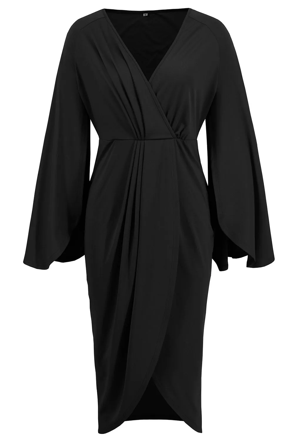 Black V Neck Asymmetrical Midi Dress with Sleeves