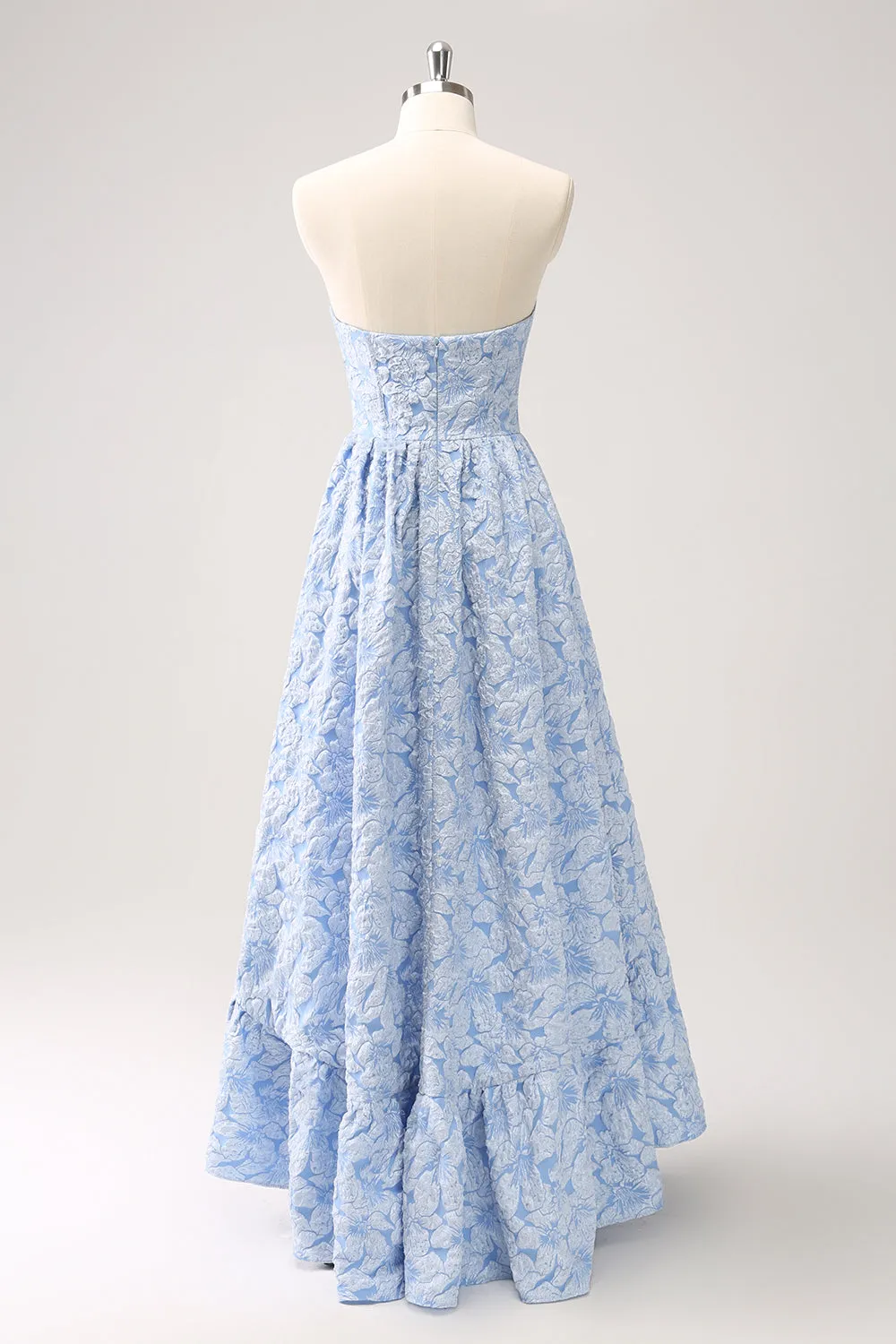 Blue Floral Strapless A-Line High Low Bridesmaid Dress