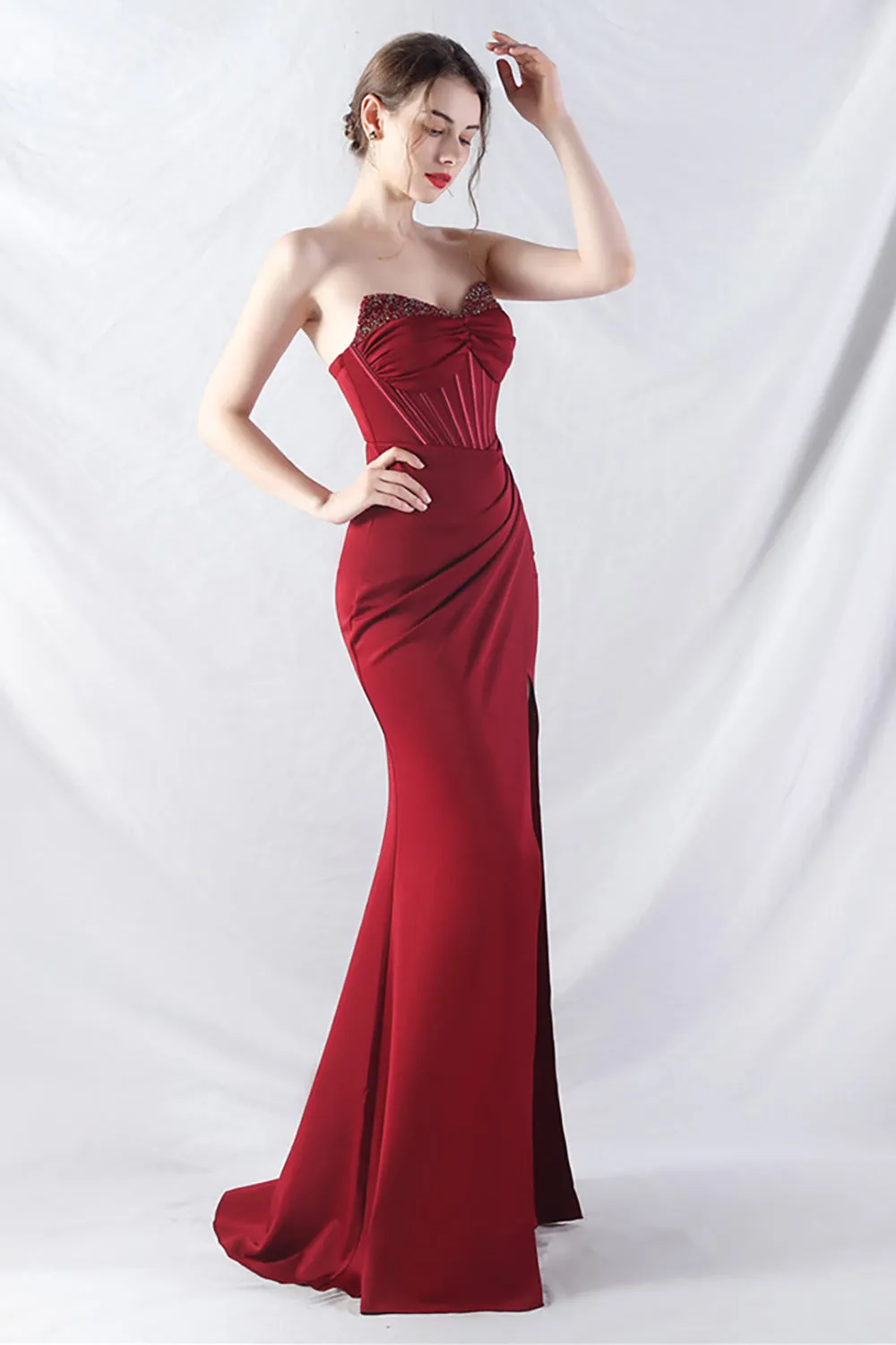 Burgundy Ruched Corset Strapless Mermaid Maxi Dress with Slit