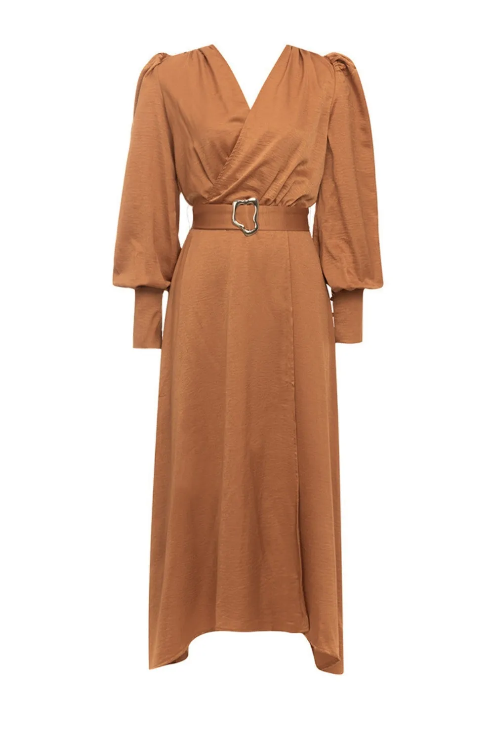 Camel A Line V Neck Long Sleeves Wedding Guest Dress with Belt