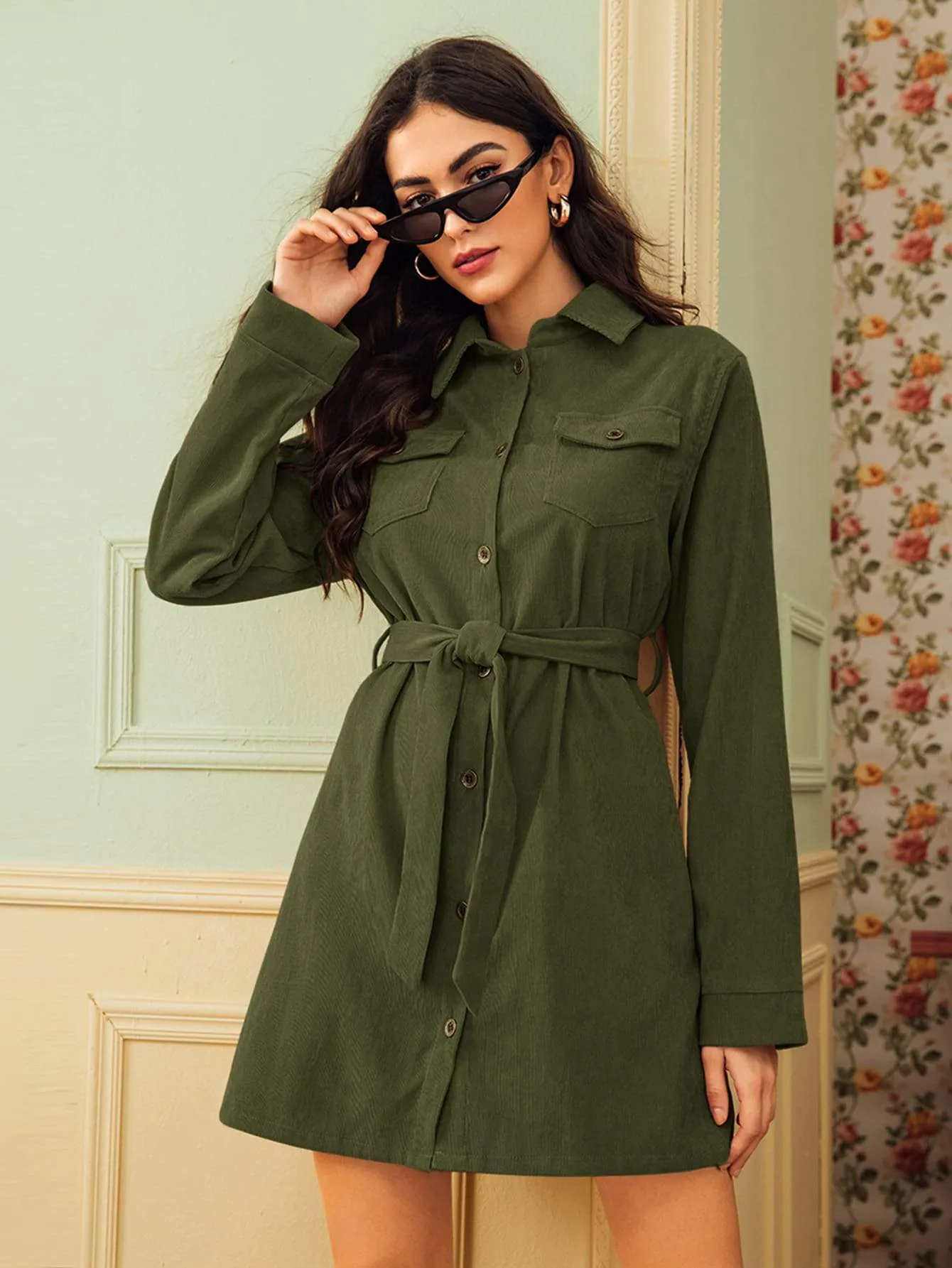 Corduroy Self Tie Utility Shirt Dress