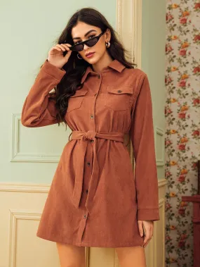 Corduroy Self Tie Utility Shirt Dress