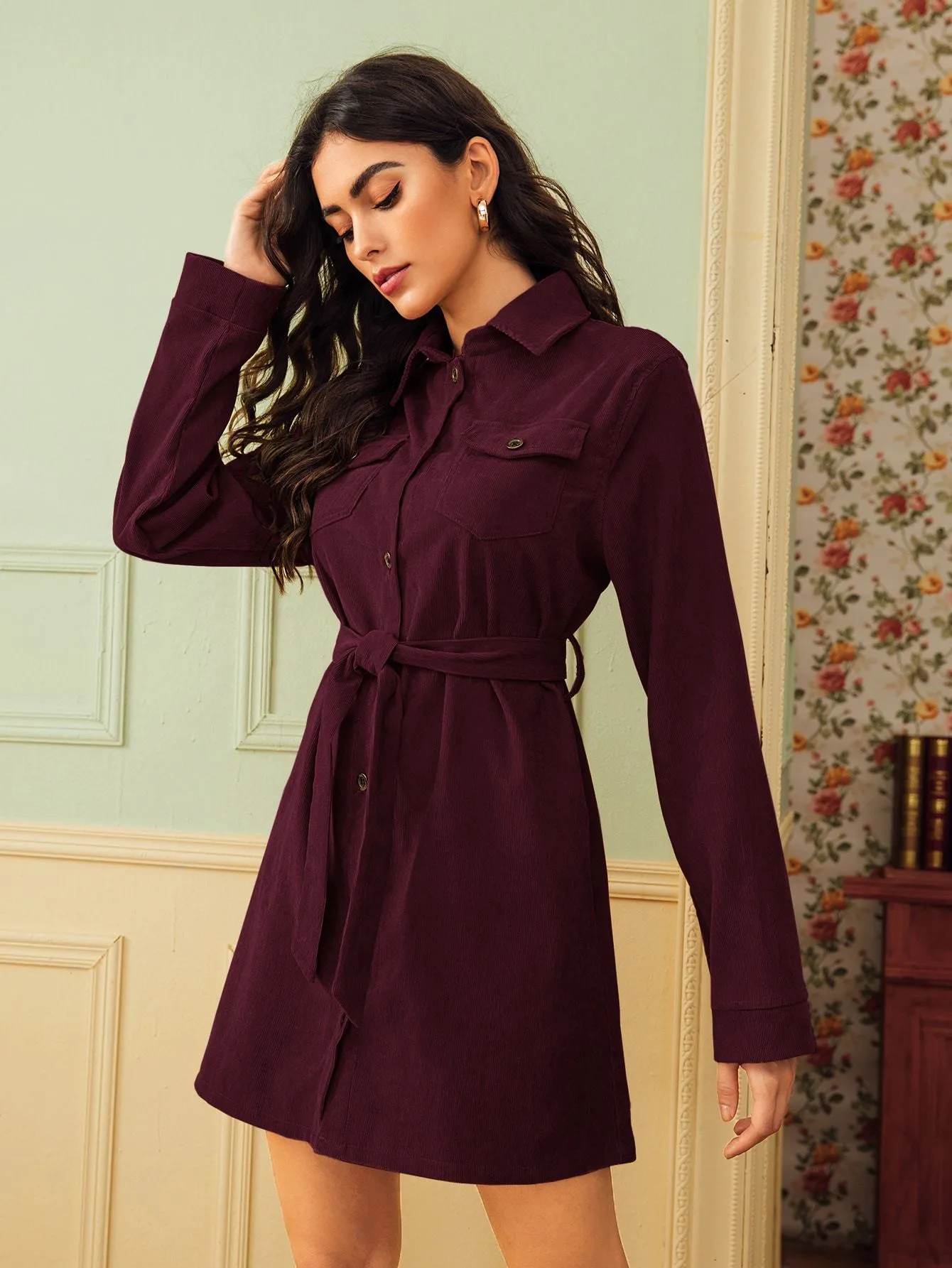 Corduroy Self Tie Utility Shirt Dress