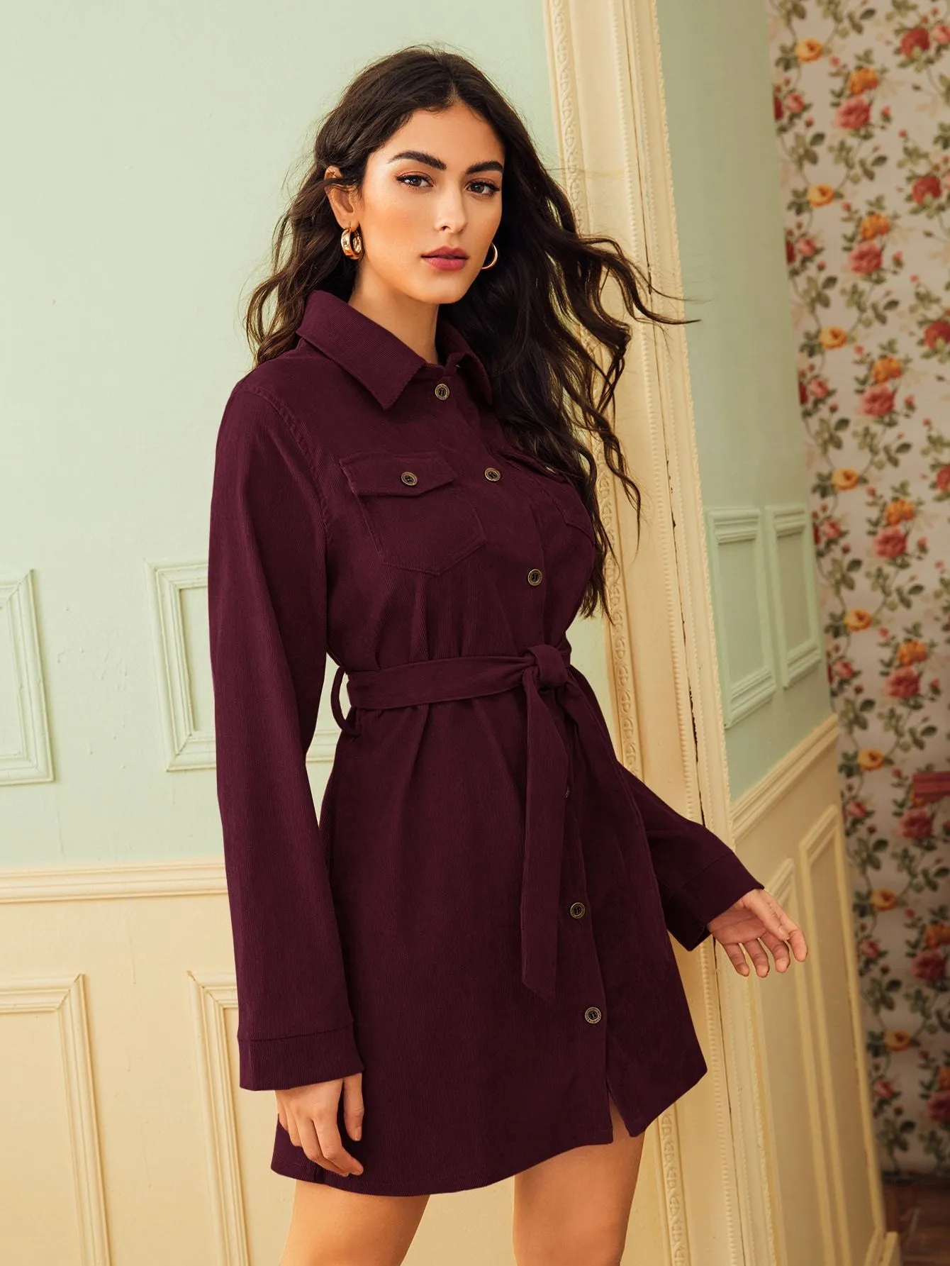 Corduroy Self Tie Utility Shirt Dress