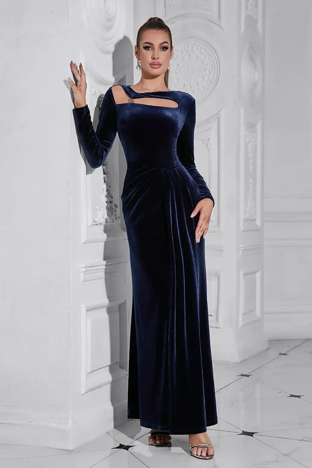 Dark Blue Long Sleeves Velvet Dress with Slit