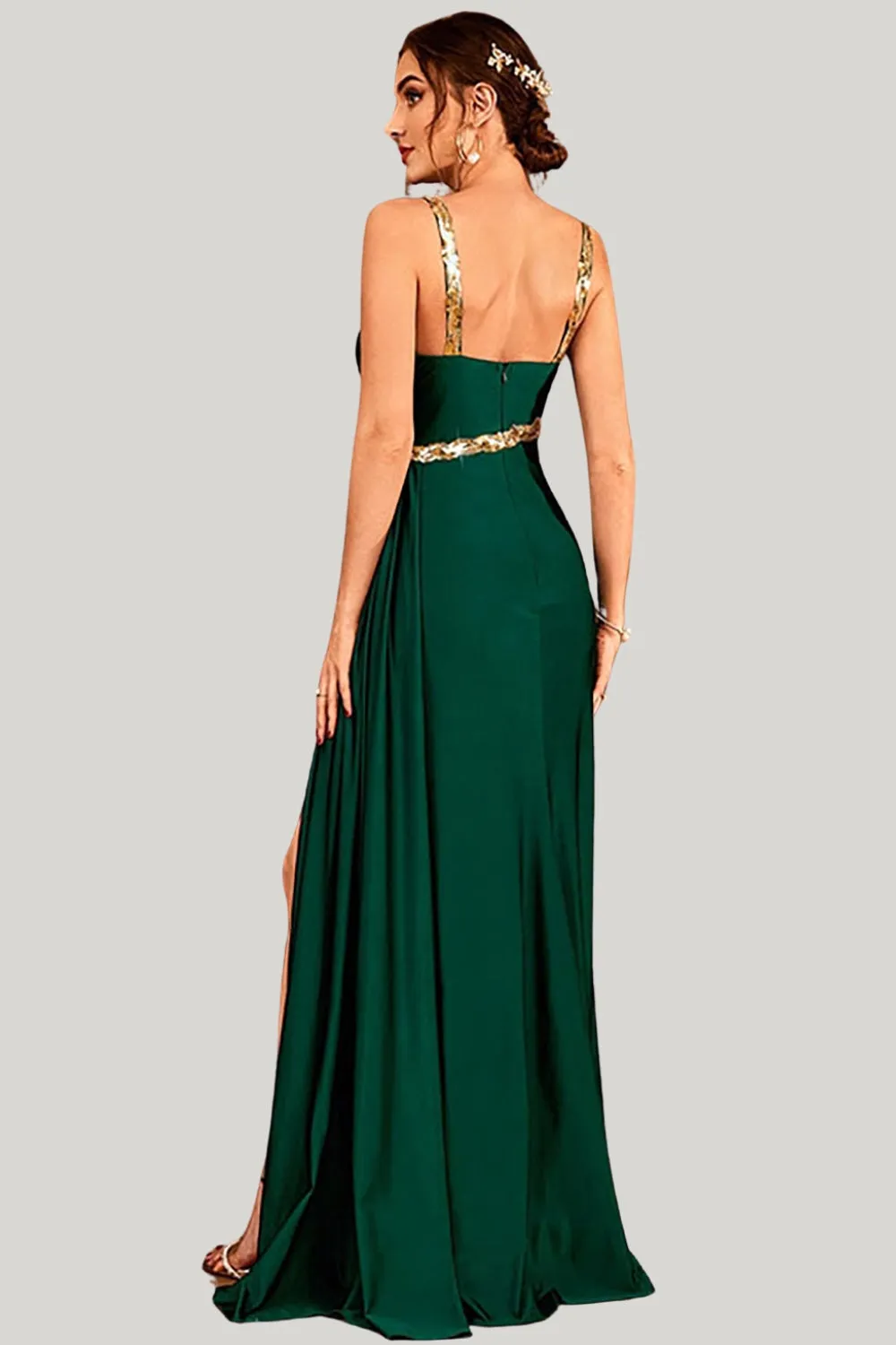 Dark Green A Line Spaghetti Straps Maxi Dress with Slit