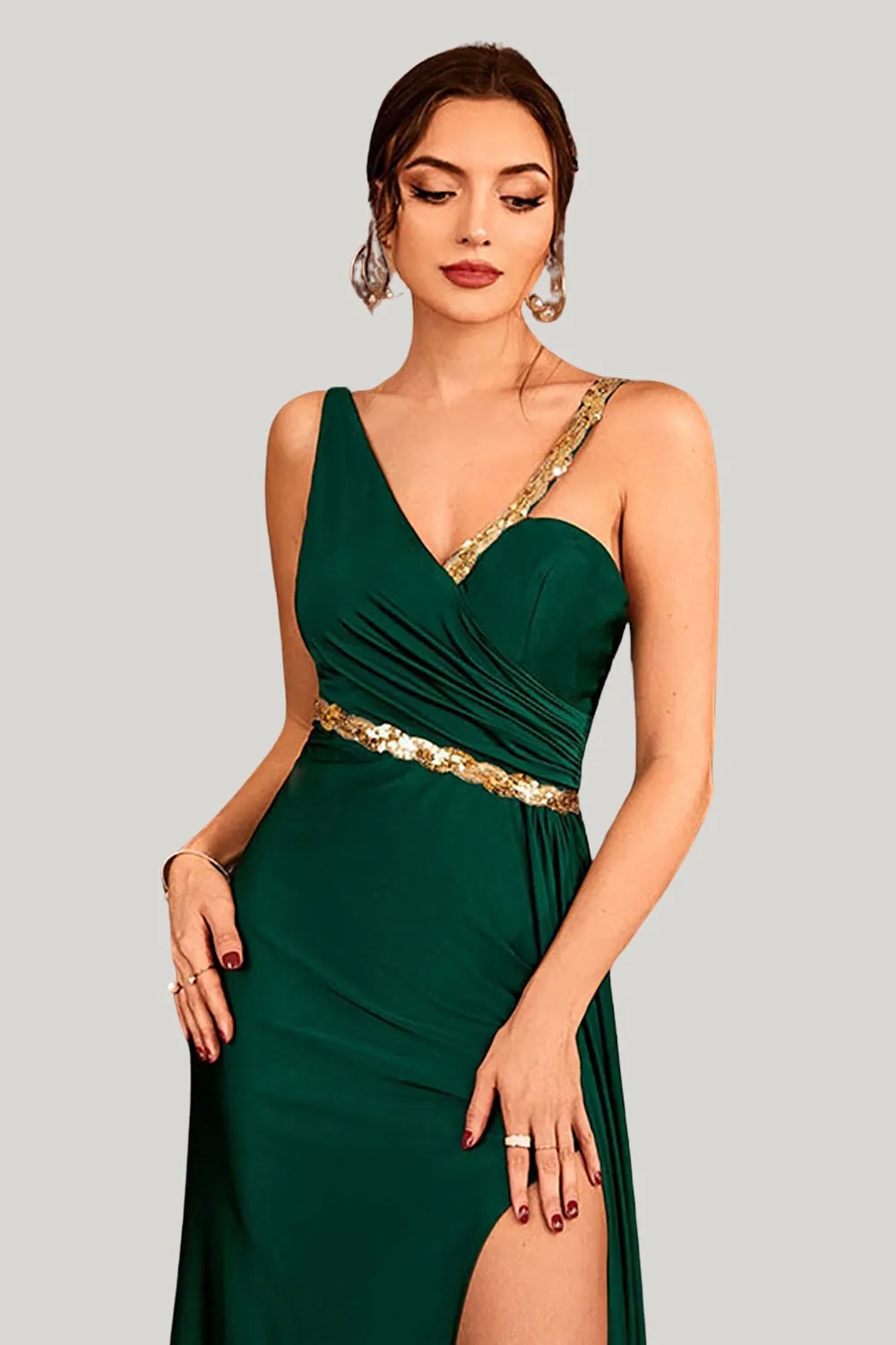 Dark Green A Line Spaghetti Straps Maxi Dress with Slit