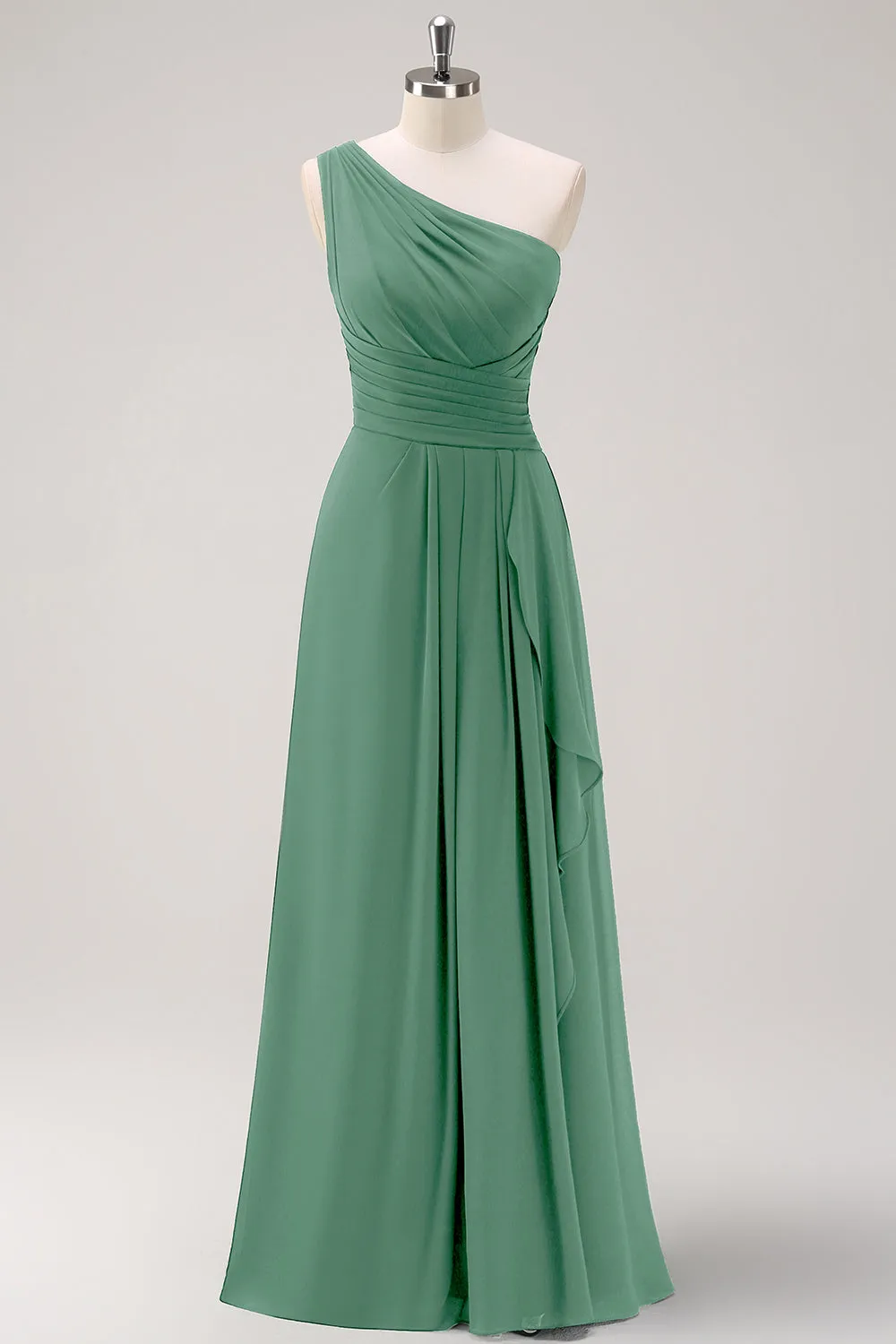 Dark Green Ruched A Line One Shoulder Maxi Dress with Slit