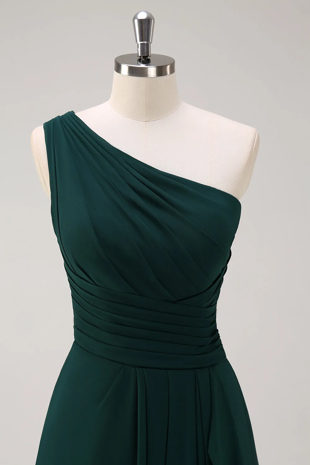 Dark Green Ruched A Line One Shoulder Maxi Dress with Slit