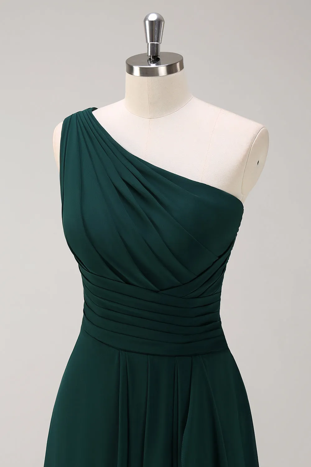 Dark Green Ruched A Line One Shoulder Maxi Dress with Slit