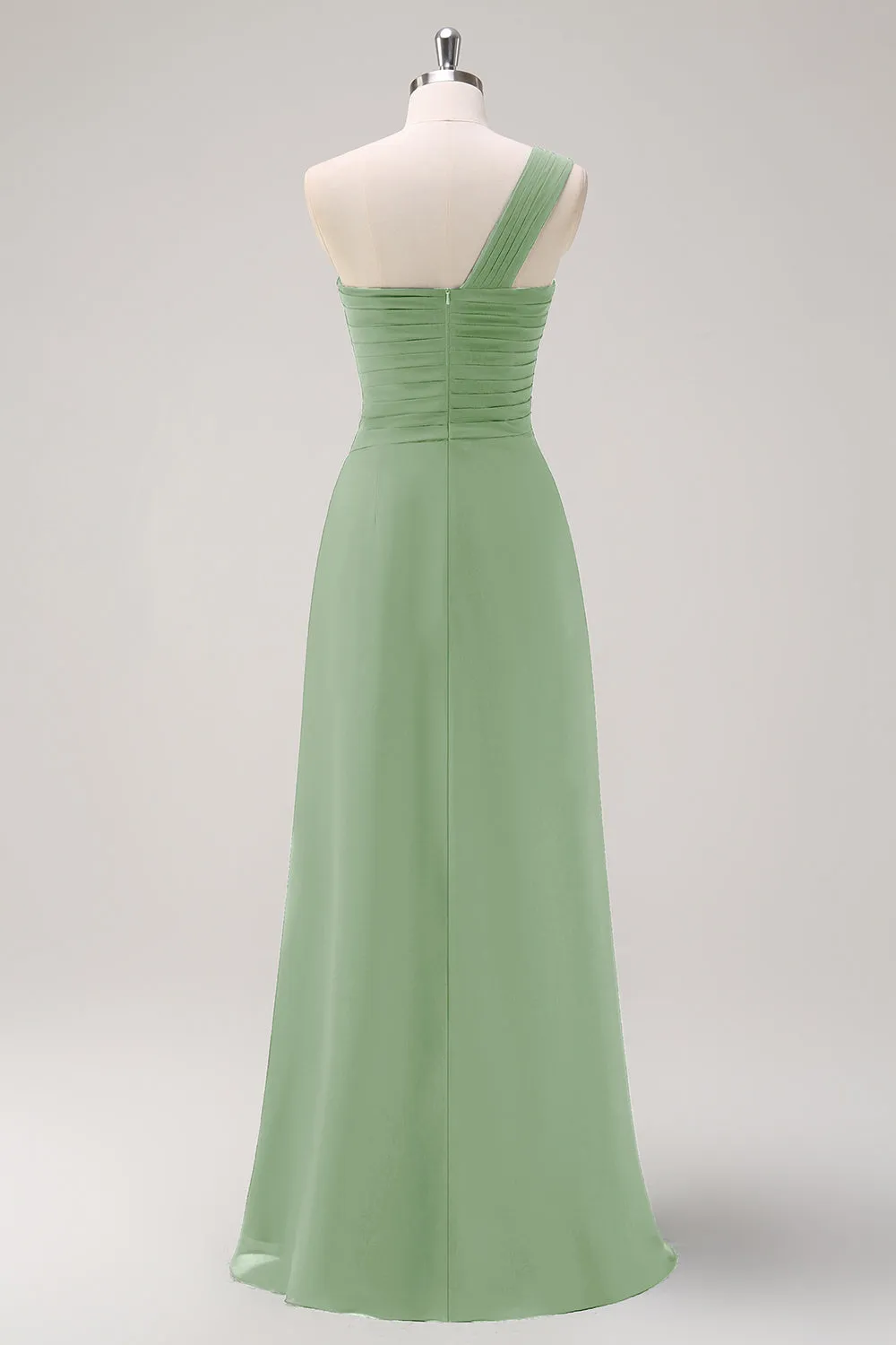 Dark Green Ruched A Line One Shoulder Maxi Dress with Slit