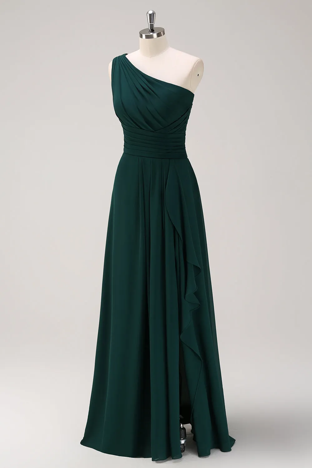 Dark Green Ruched A Line One Shoulder Maxi Dress with Slit