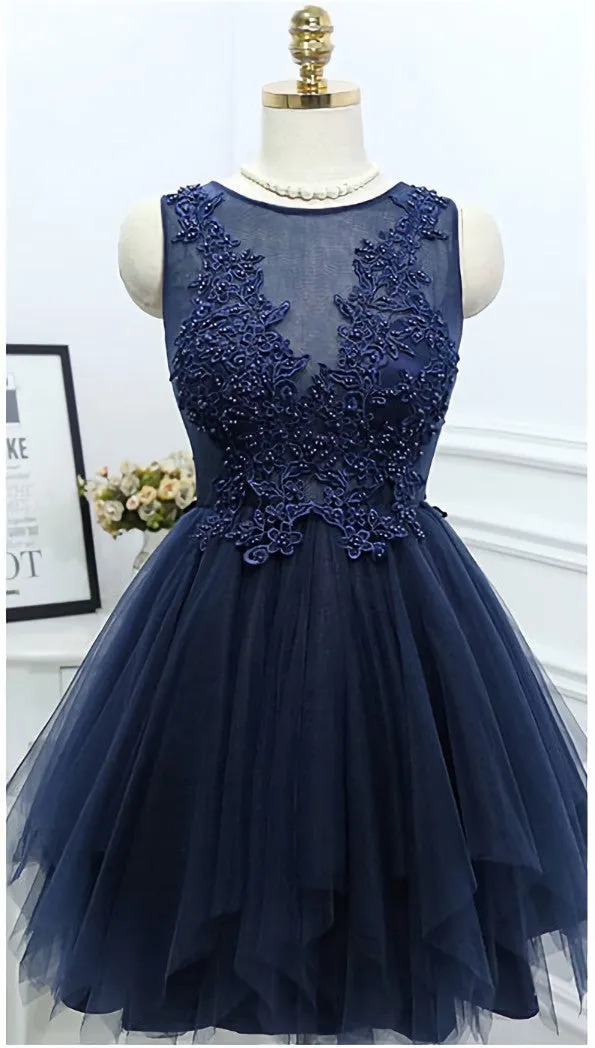 Dark Navy Jewel Sleeveless Homecoming Dresses,Appliques Beading A Line Tulle Semi Formal Dress