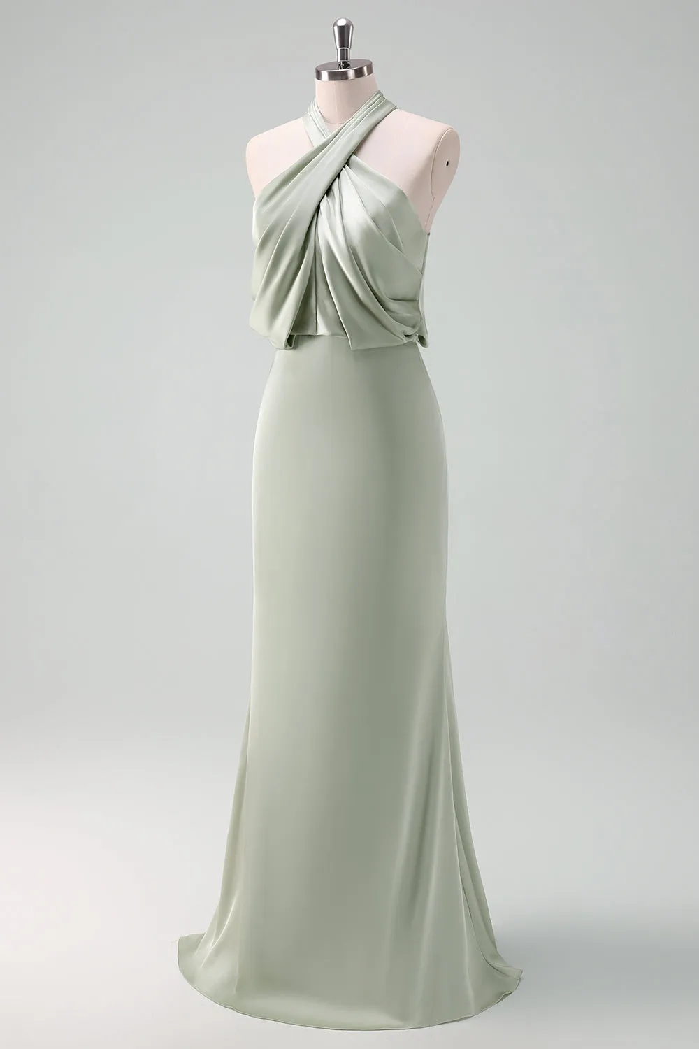 Dusty Sage Halter Sheath Satin Maxi Dress