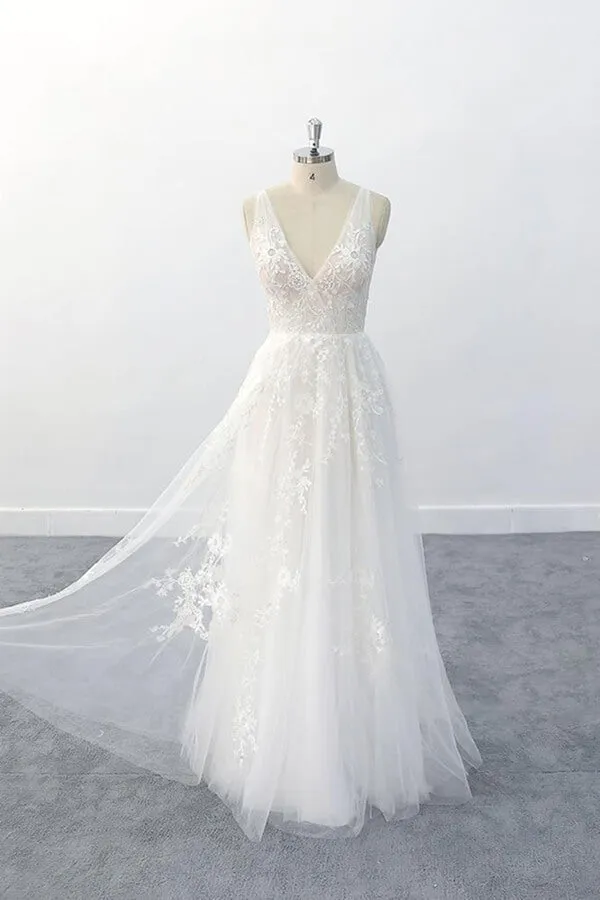 Elegant Long  A-line V-neck Appliques Tulle Backless Wedding Dress