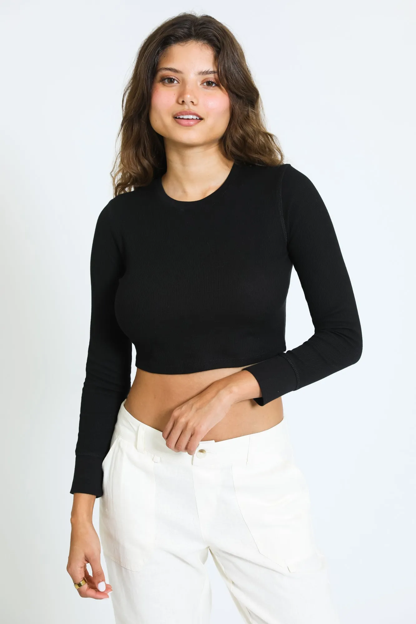 Essential Long Sleeve Cropped Thermal Tee - Black