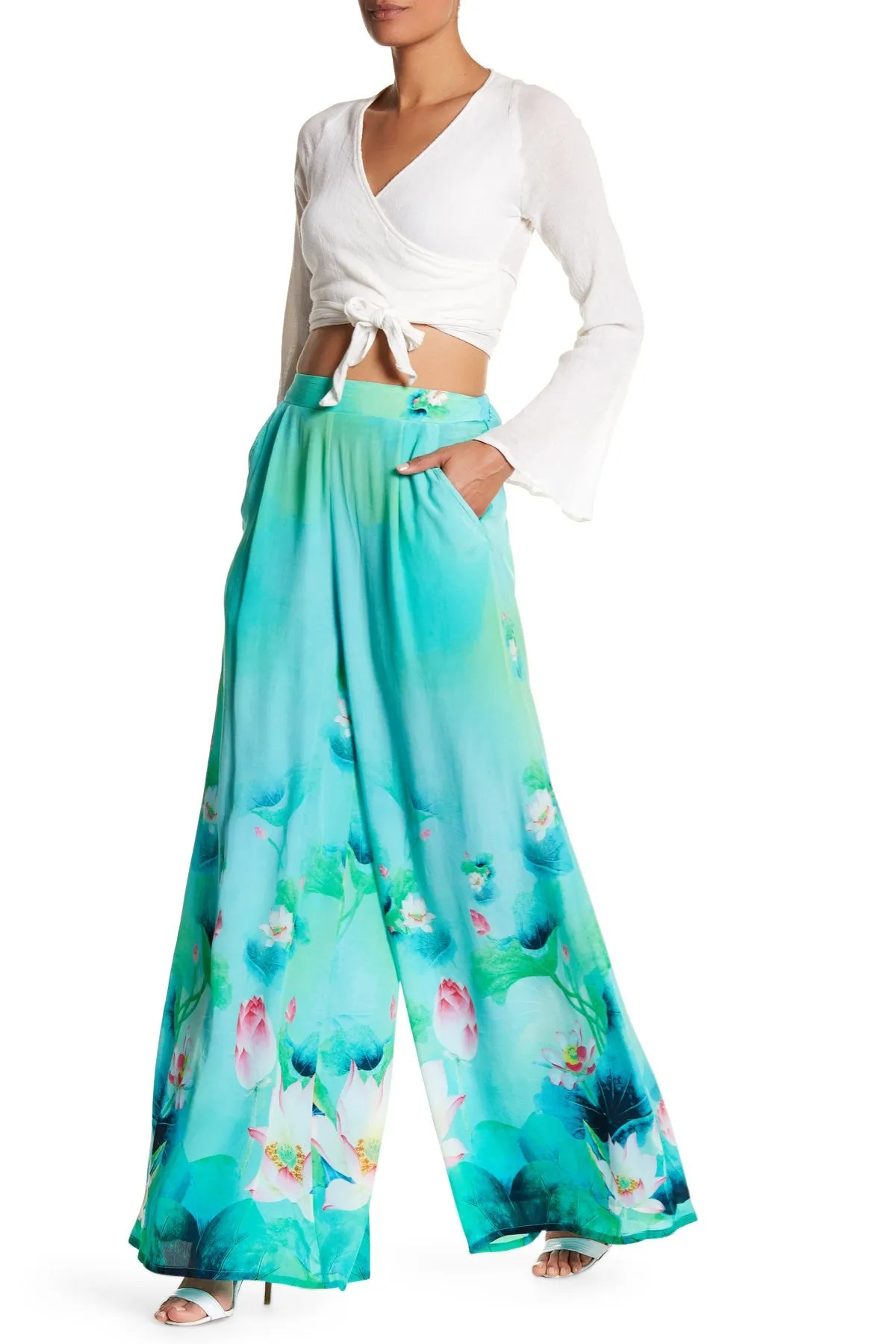 Floral Print Wide Leg Pants In Green