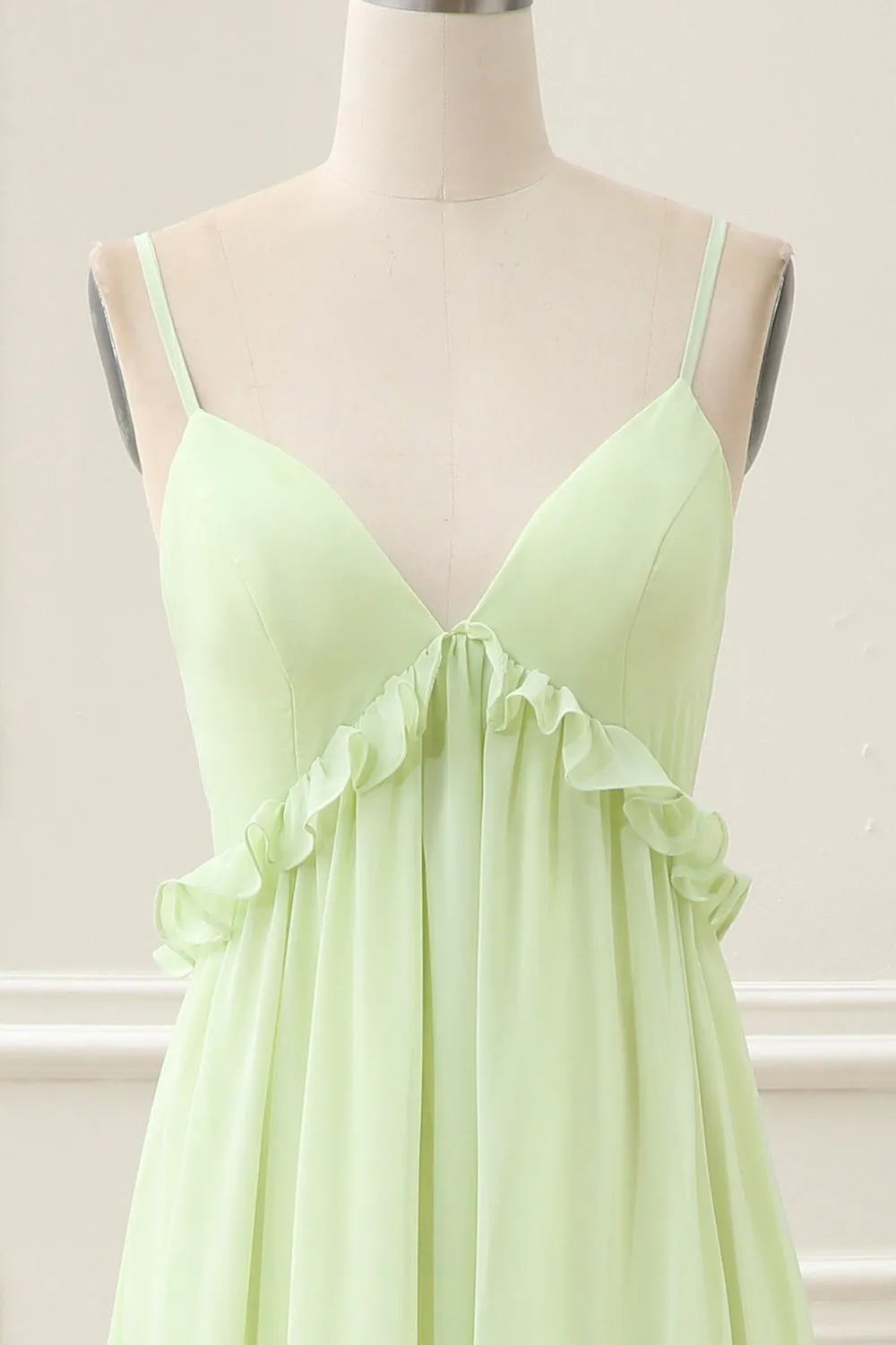 Green A Line Spaghetti Straps Ruffles Maxi Dress with Lace up Back