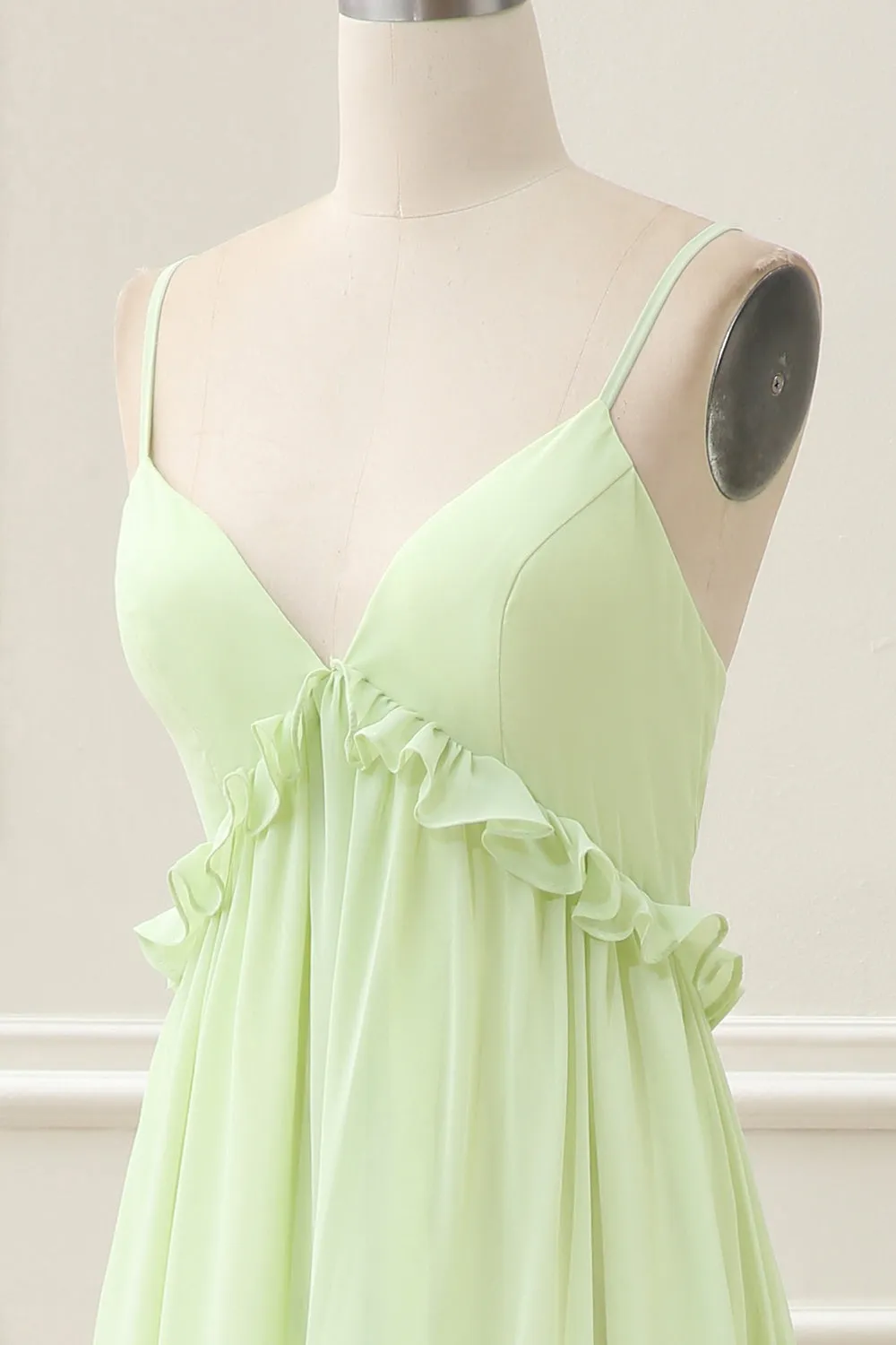 Green A Line Spaghetti Straps Ruffles Maxi Dress with Lace up Back