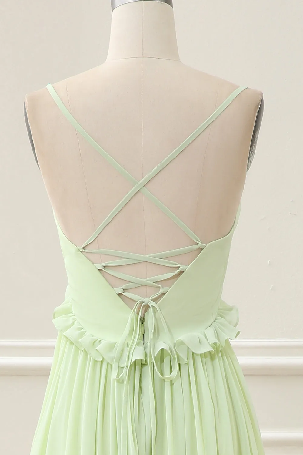 Green A Line Spaghetti Straps Ruffles Maxi Dress with Lace up Back