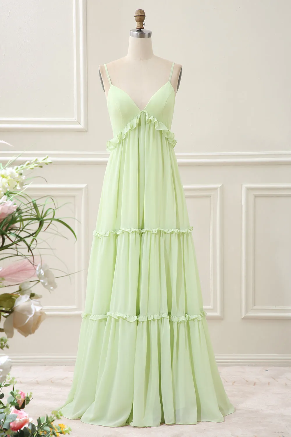 Green A Line Spaghetti Straps Ruffles Maxi Dress with Lace up Back